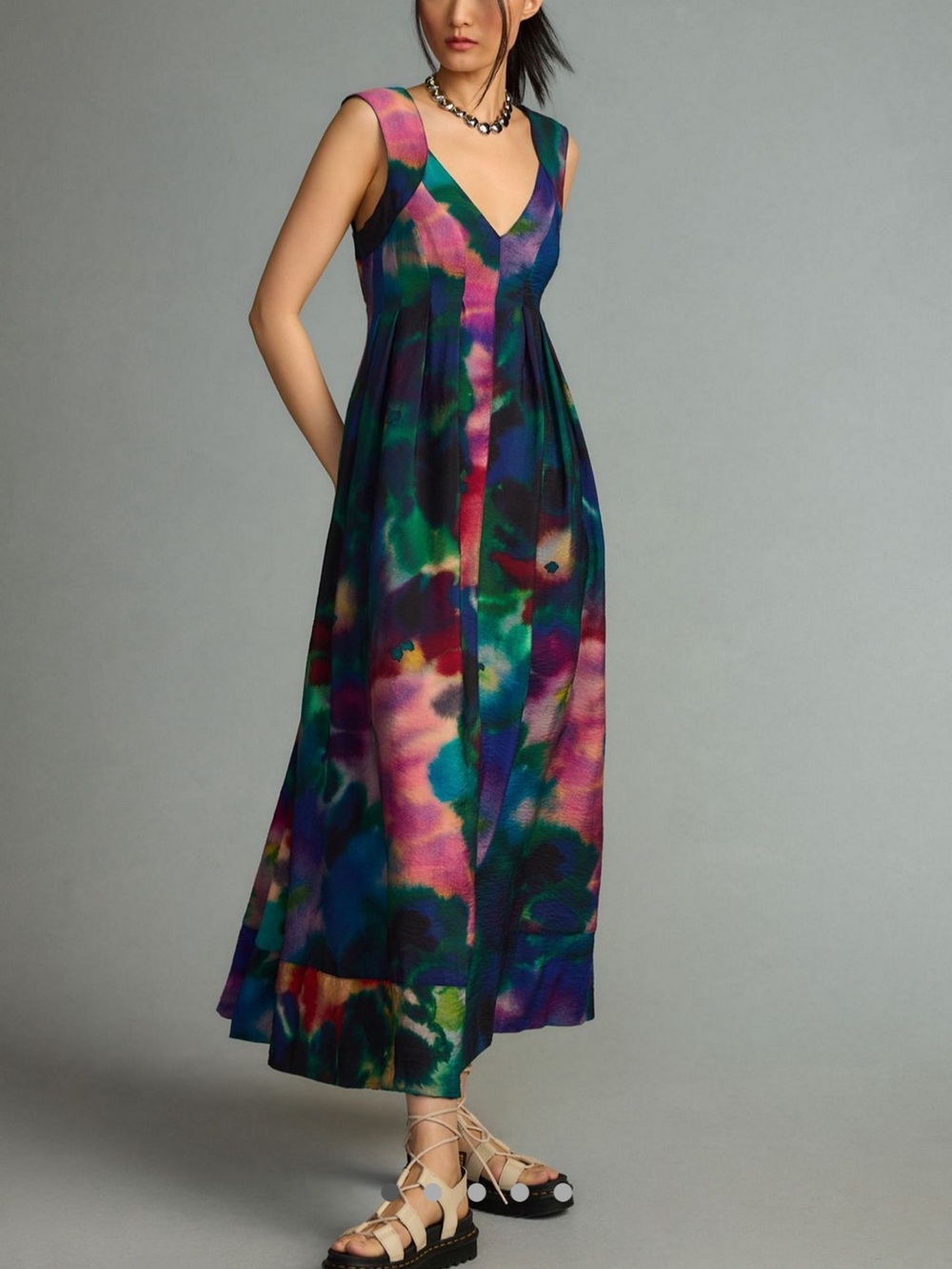 Anthropologie V-Neck Multicolor Watercolor Maxi Dress